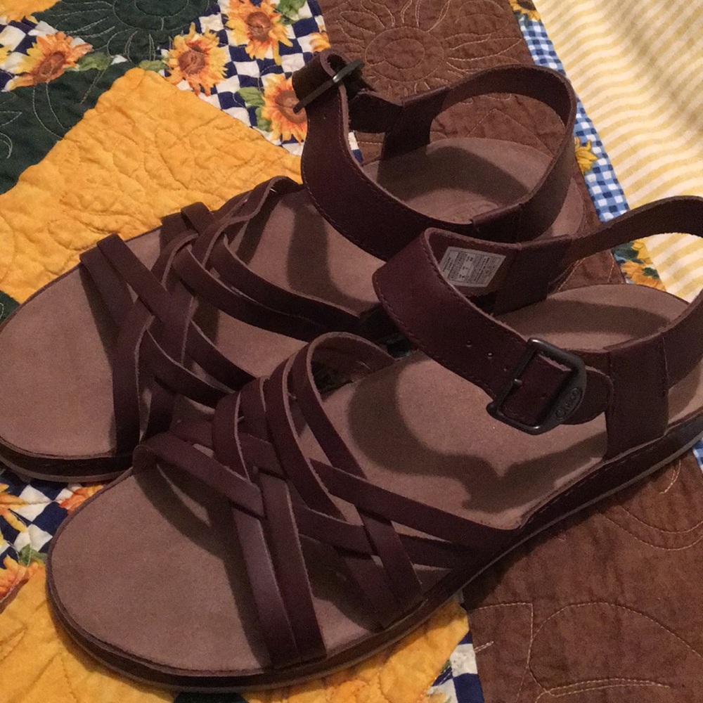 Brown leather chacos